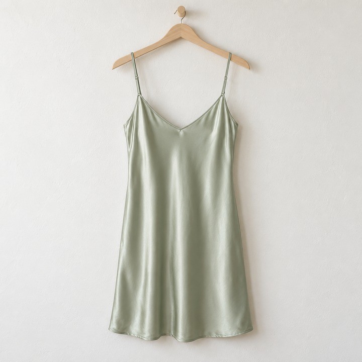 Sage green satin slip nightgown with thin adjustable straps and a V neckline, hanging on a wooden hanger