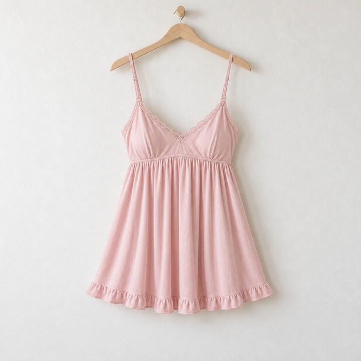 Pink babydoll nightgown with a lace-trimmed V neckline, fitted bust and softly ruffled hem