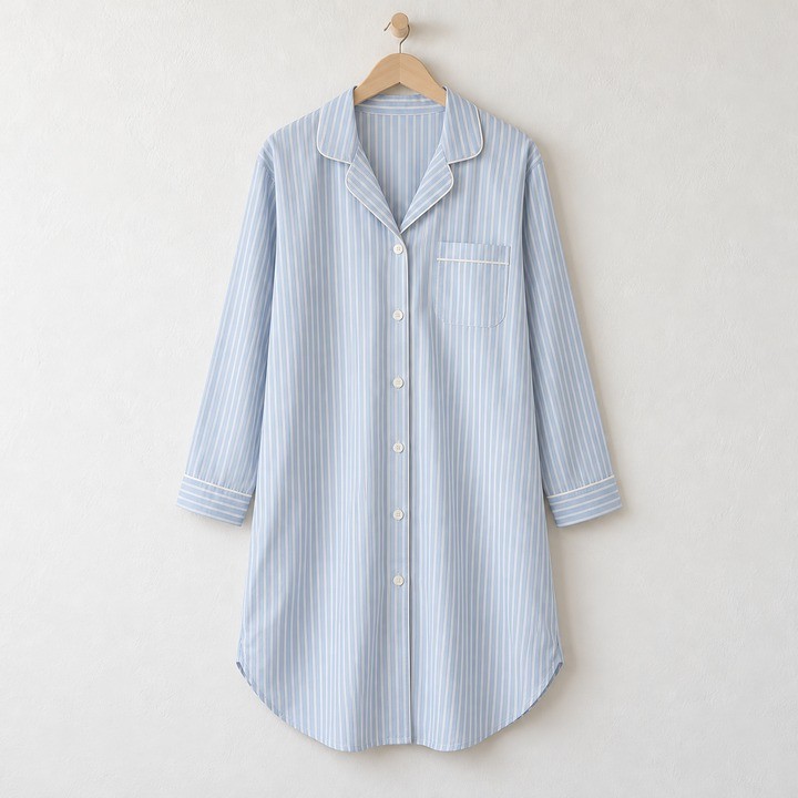 Light blue and white striped button-front nightshirt with a collar, chest pocket and white piping