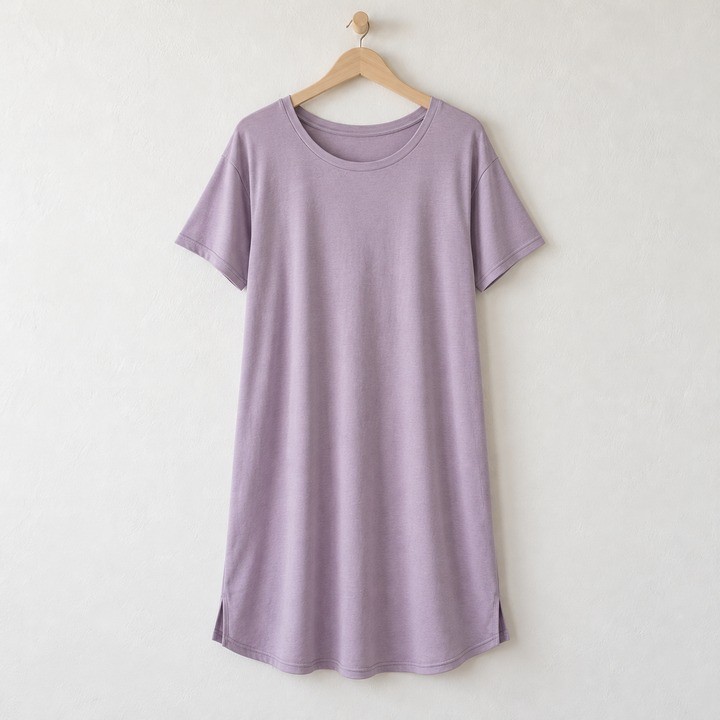 Lavender modal T-shirt nightgown with a crew neck, short sleeves and side slits
