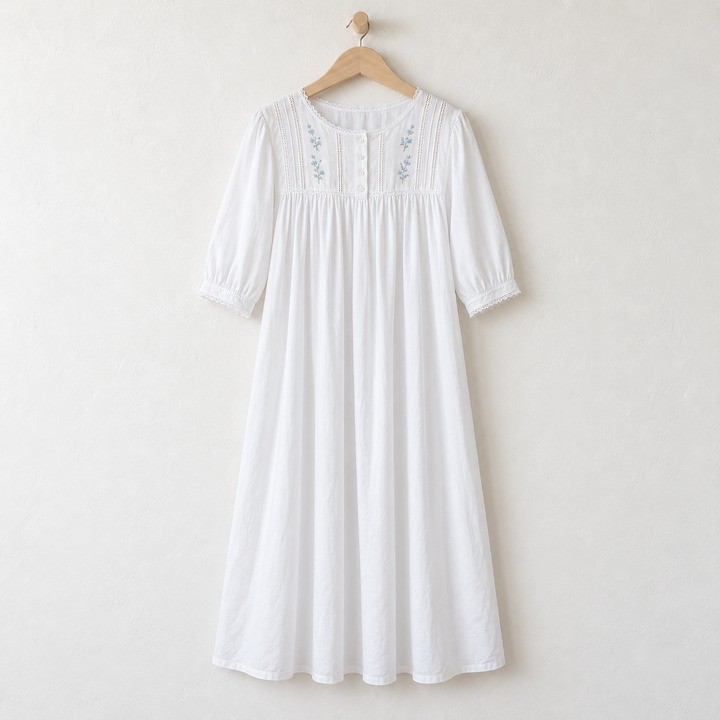 White cotton Victorian-inspired nightgown with an embroidered and pintucked yoke, puff sleeves and lace-trimmed cuffs