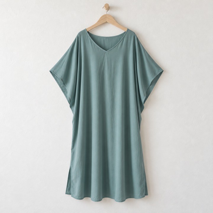 Dusty teal kaftan-style nightgown with wide flowing sleeves and a soft V neckline
