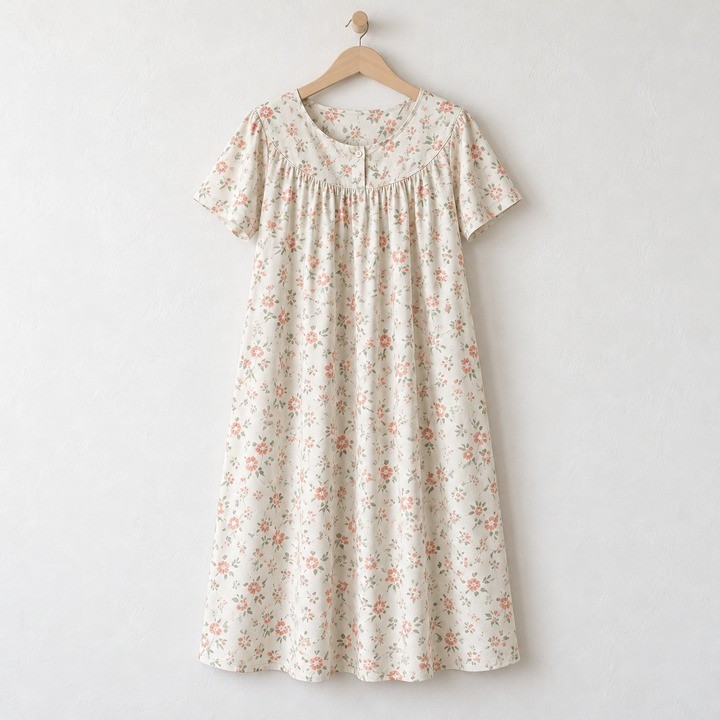 Ivory muumuu-style nightgown printed with small coral flowers, with a gathered yoke and short sleeves