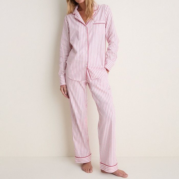 Women's Red Ticking Stripe Cotton Pajama Set, Sleepwear Manufacturer