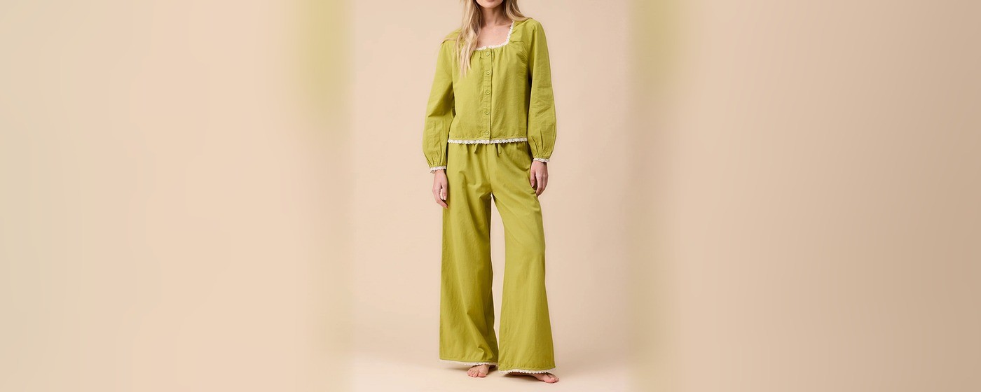 Women's chartreuse cotton linen pajama set with white lace trim at the square neckline