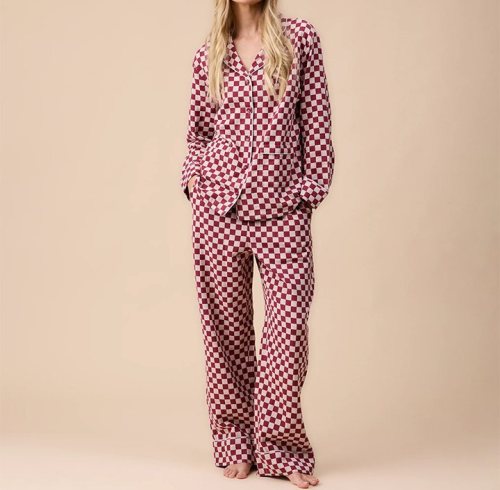 Women's Burgundy Checkerboard Cotton Pajama Set, Sleepwear Manufacturer