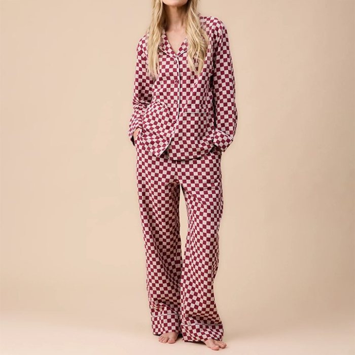 Women's Burgundy Checkerboard Cotton Pajama Set, Sleepwear Manufacturer