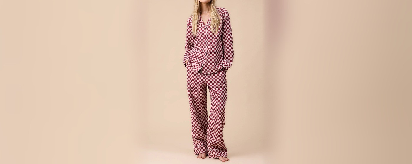 Women's burgundy and cream checkerboard cotton pajama set with cream piping