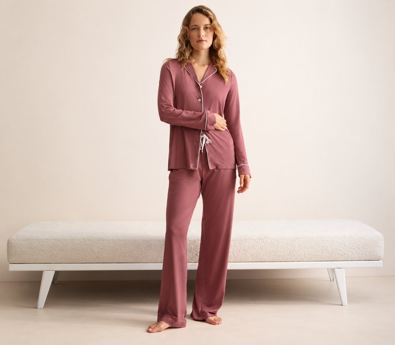Dusty rose modal pajama set with white contrast piping