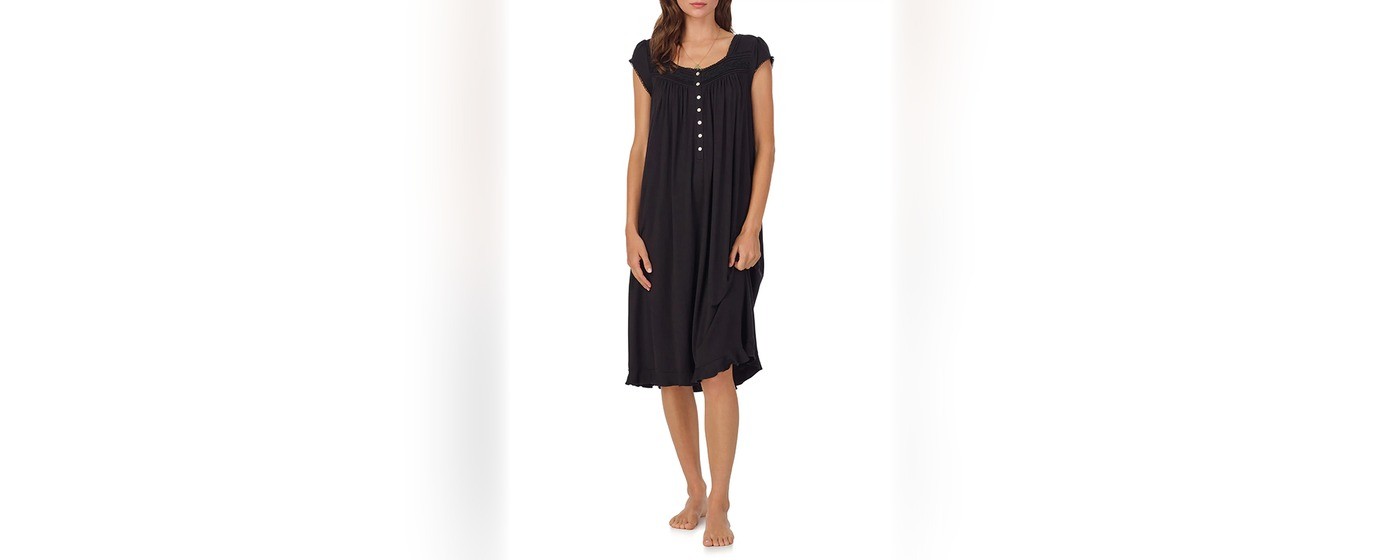 Women's black cotton jersey midi nightgown with a lace trimmed ballet neckline