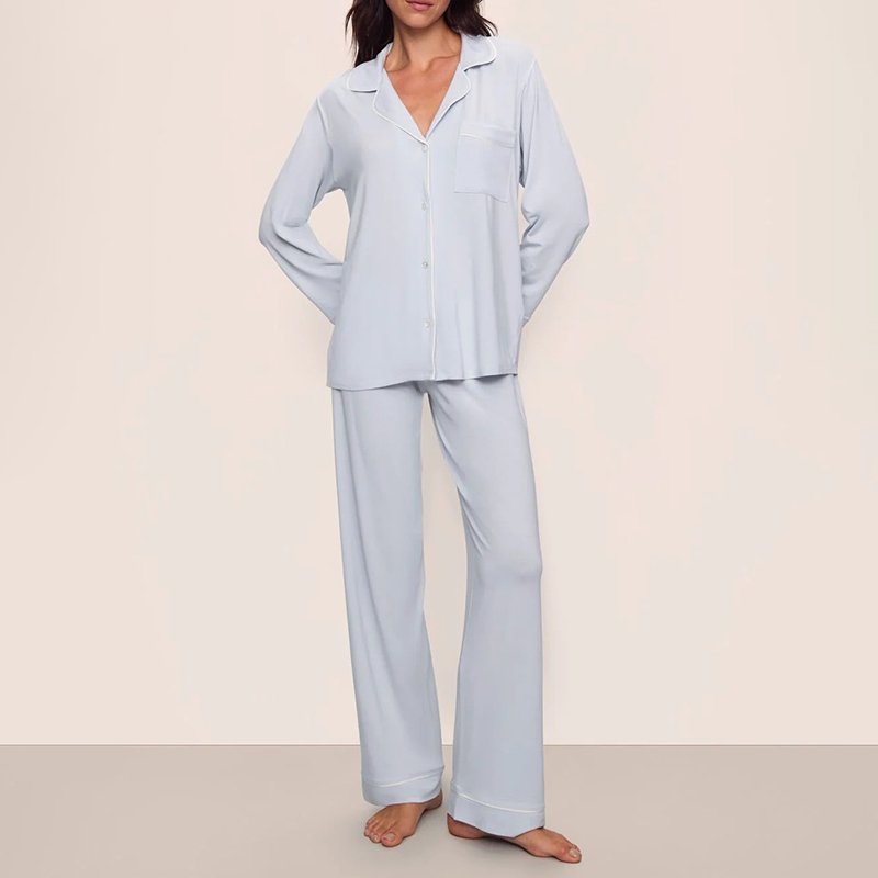 Full view of the ice blue modal pajama set with piped notch collar and cuffs