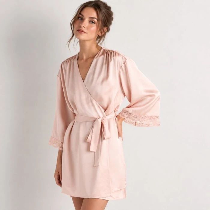 Short blush satin wrap robe with lace cuffs and a self-tie belt