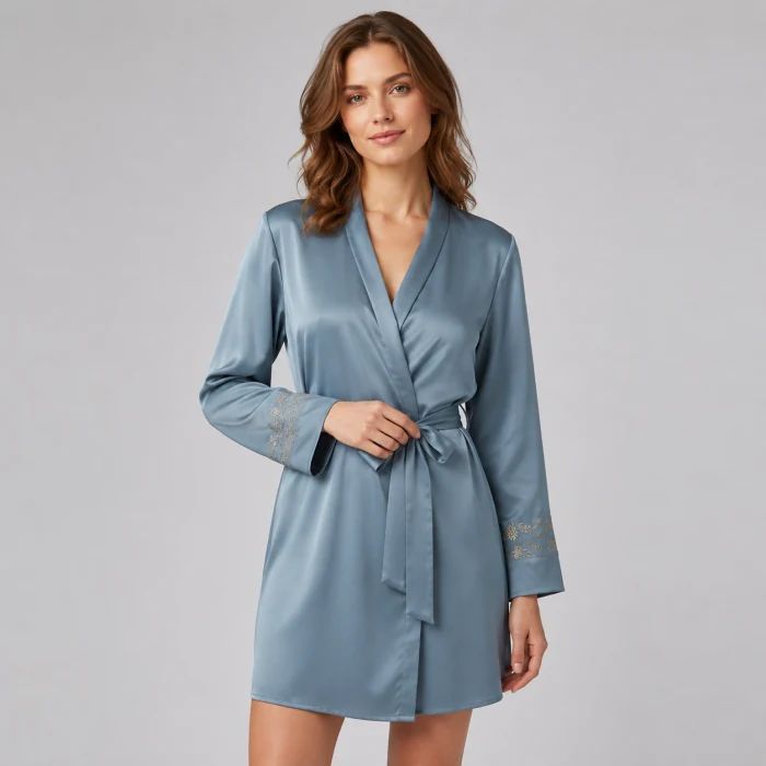 Dusty blue satin wrap robe with floral embroidery on the cuffs