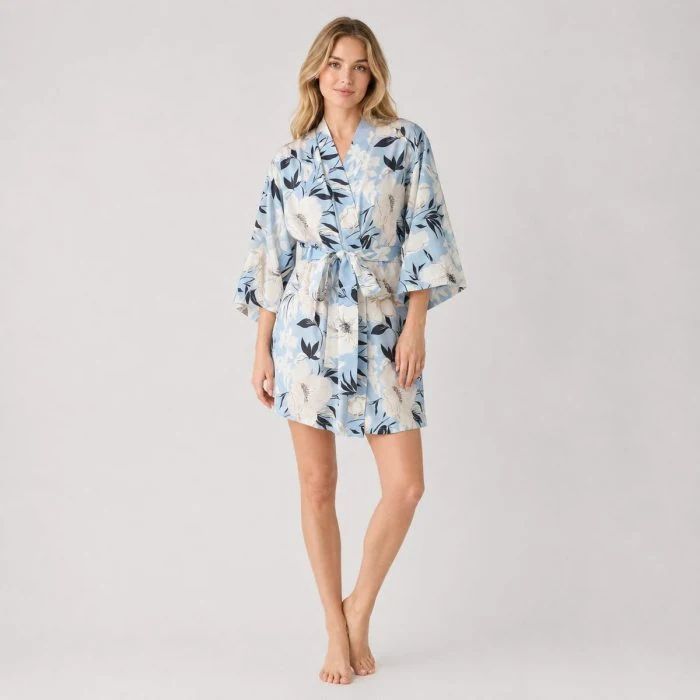 Light blue satin bridal robe with an all-over white floral pattern