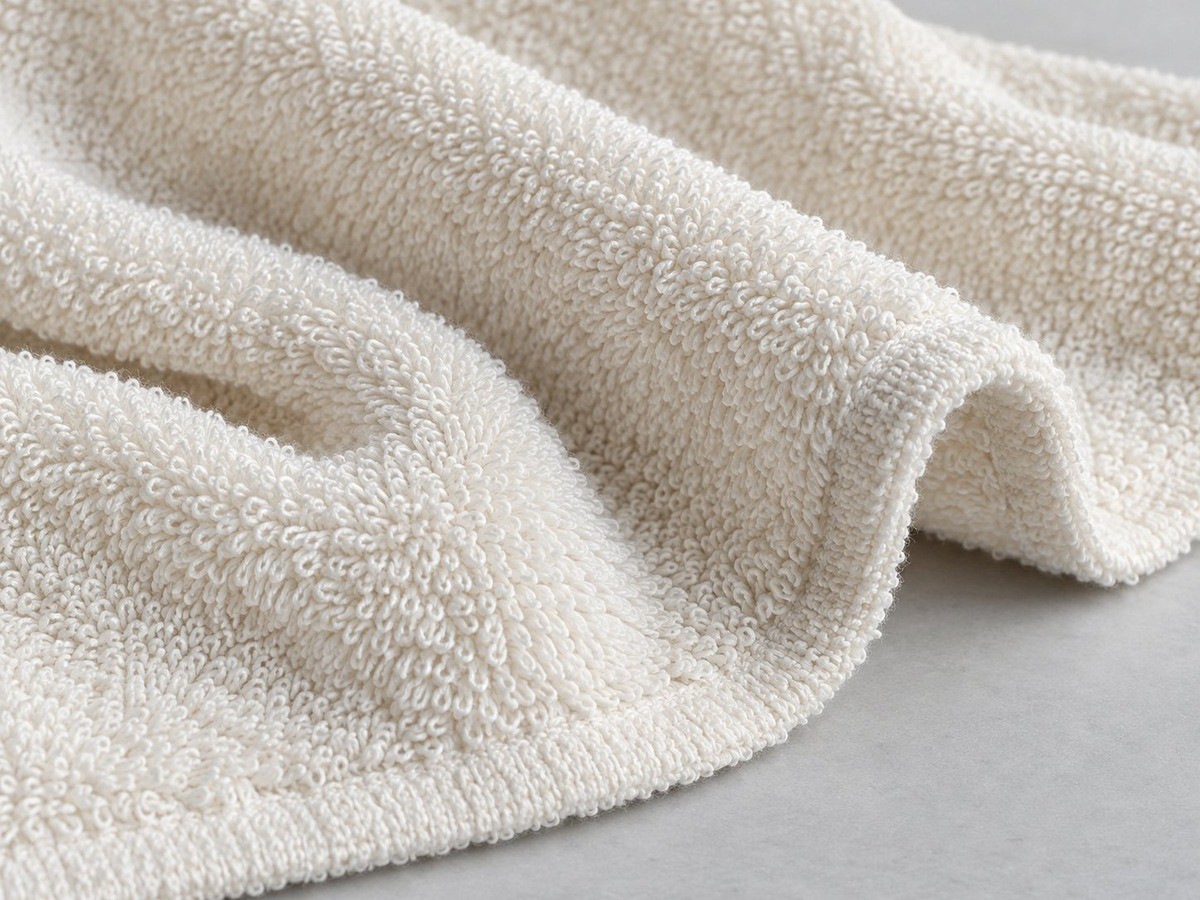 Close-up of ivory cotton terry fabric with a looped pile surface, folded in soft layers