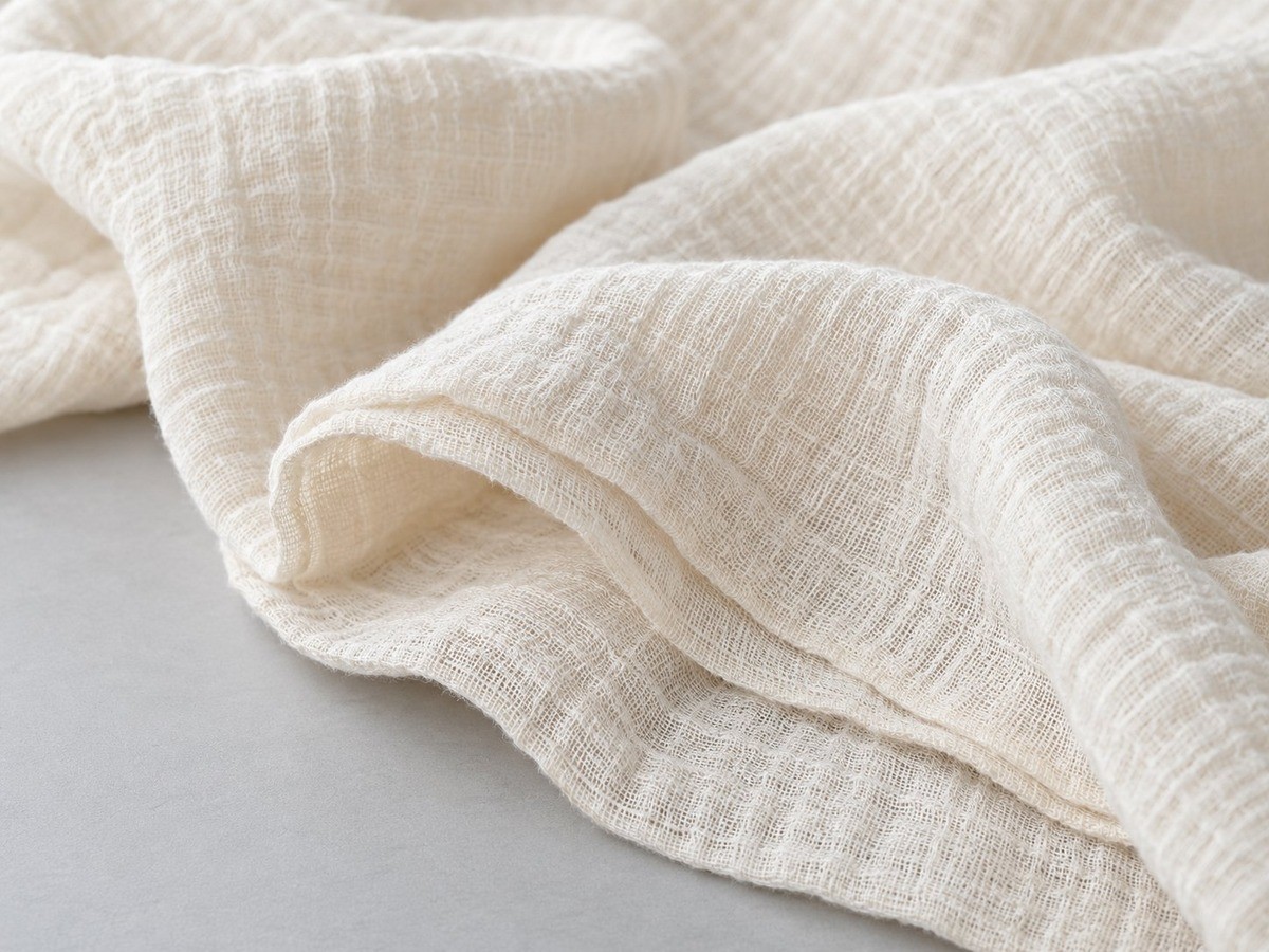 Close-up of ivory double-layer cotton gauze with a soft crinkled surface and visible open weave
