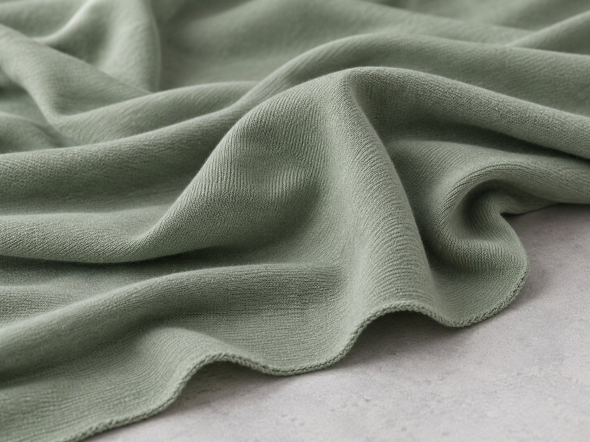 Close-up of sage green modal jersey knit with a smooth fluid drape and soft folds