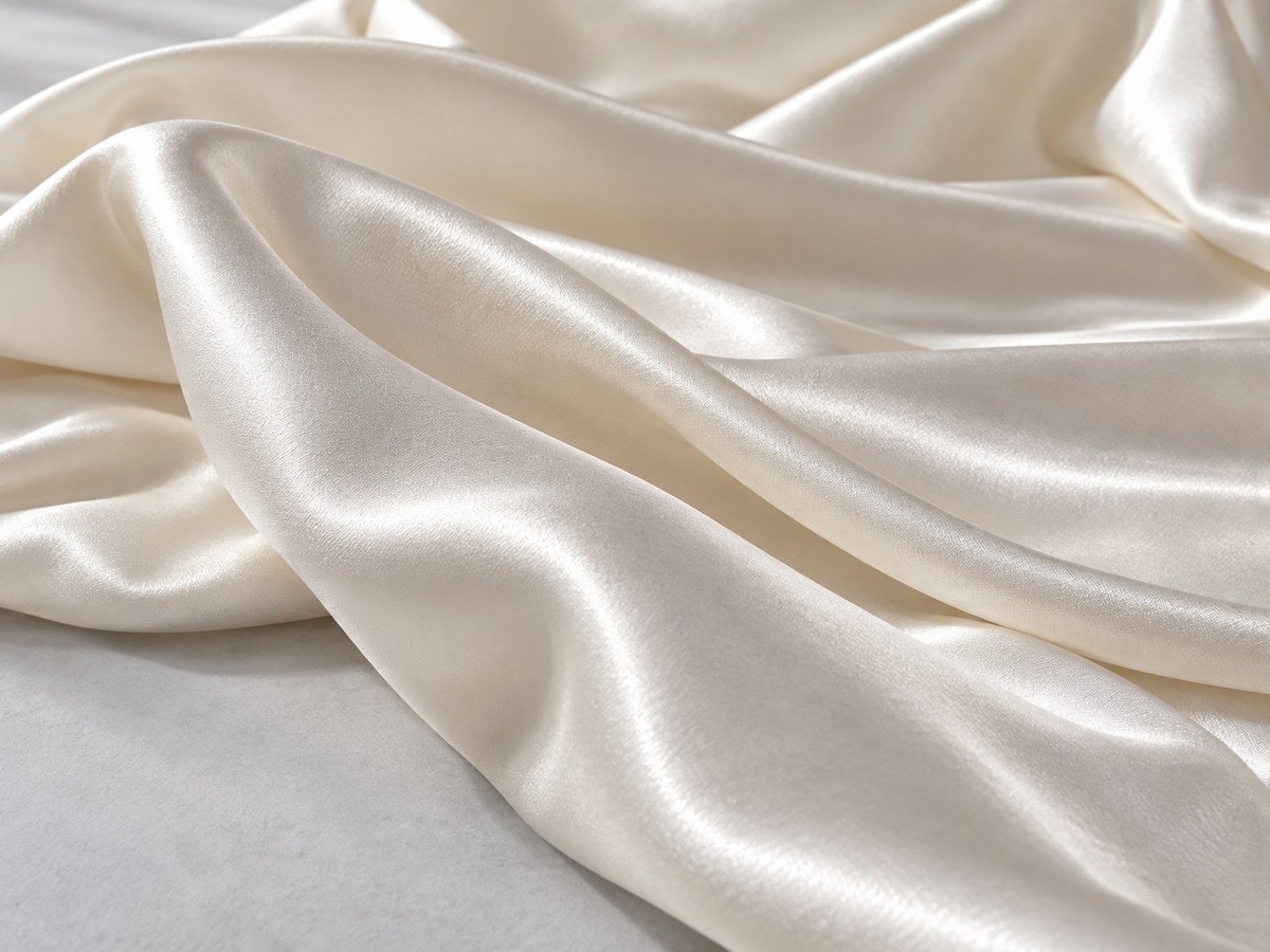 Close-up of pearl ivory silk satin with a smooth lustrous surface and flowing folds