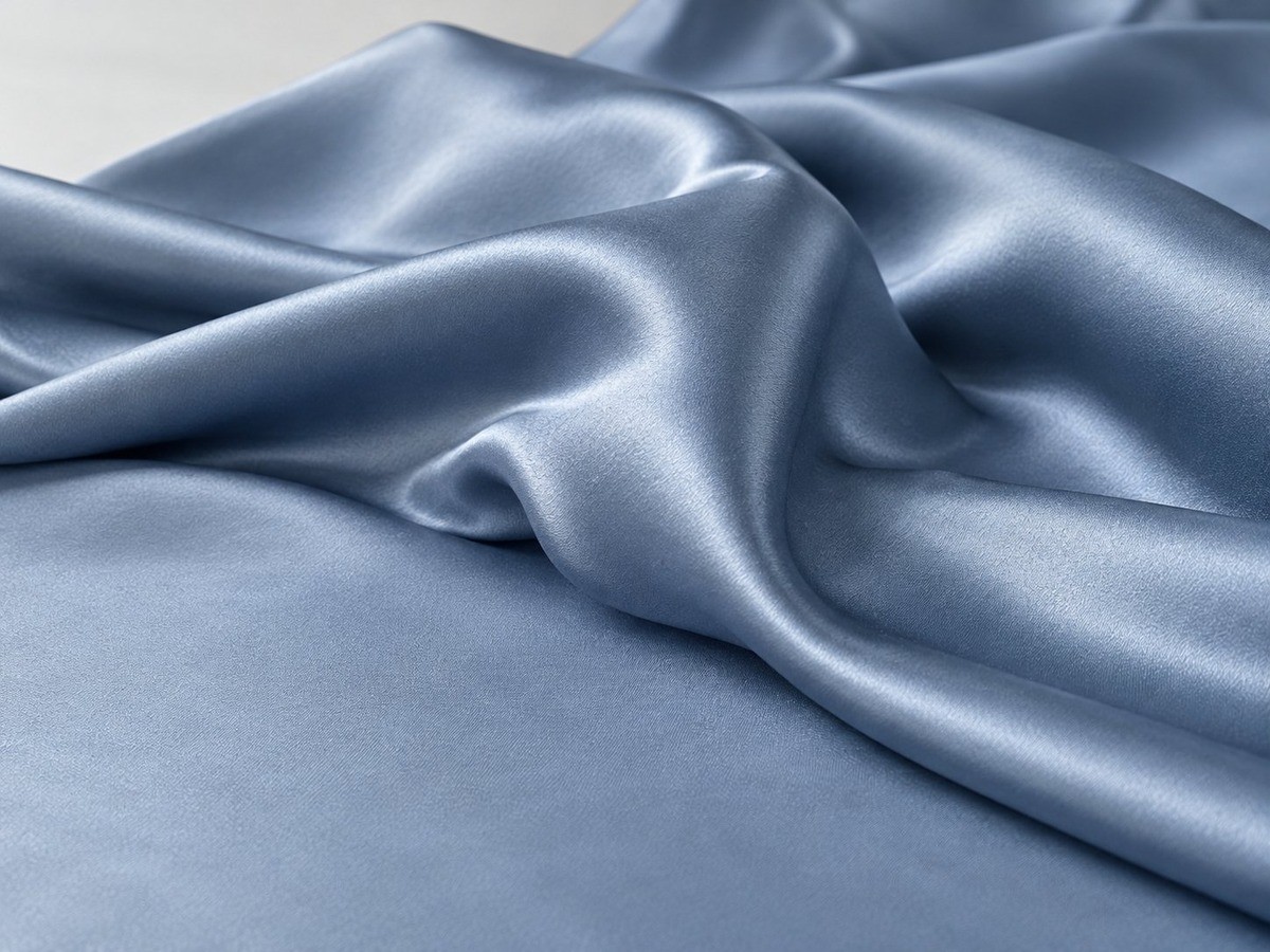 Close-up of mist blue polyester satin with a glossy reflective surface and crisp folds