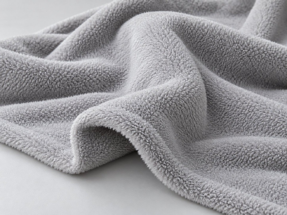Close-up of light grey polyester fleece with a deep soft pile and rounded folds