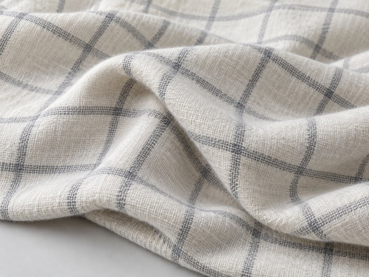Close-up of cream and grey checked cotton flannel with a brushed, softly worn surface