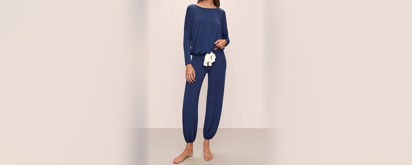 Women's navy modal slouchy pajama set with a wide neck and jogger pants