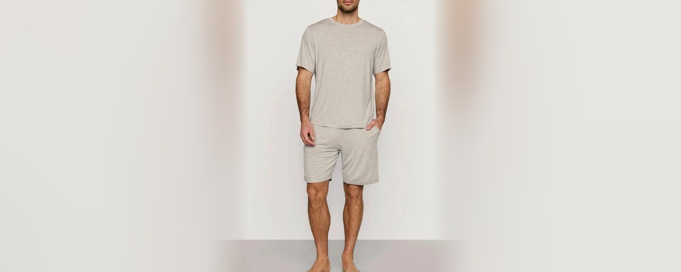 Men's heather grey modal short pajama set with a crew neck tee and pocket shorts