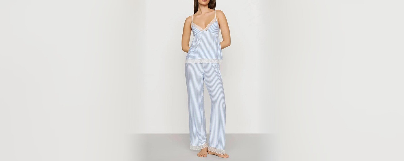 Blue and white striped modal cami and wide leg pant set with lace trim