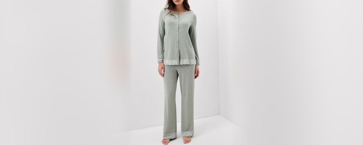 Women's sage grey modal long pajama set with scalloped lace trim and pearl buttons