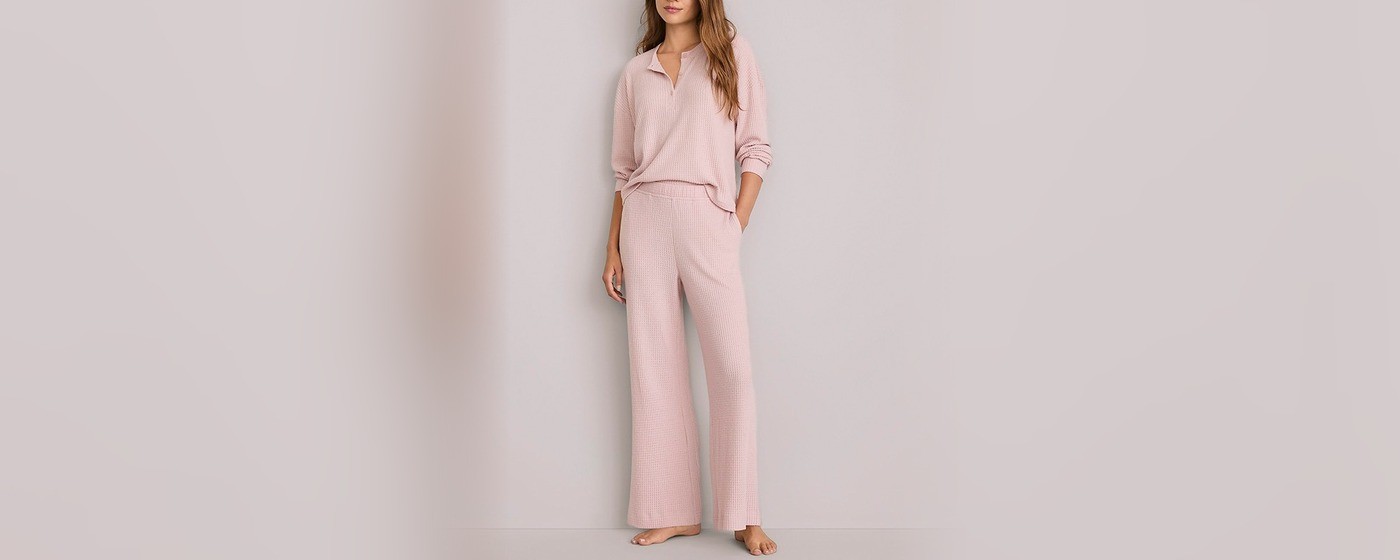 Blush pink brushed waffle knit pajama pants with a wide straight leg
