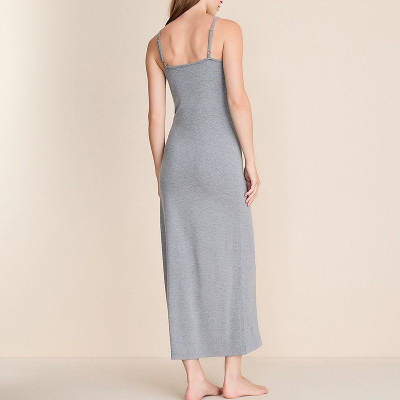 Back view of the adjustable straps and ankle length on the grey modal maxi nightdress
