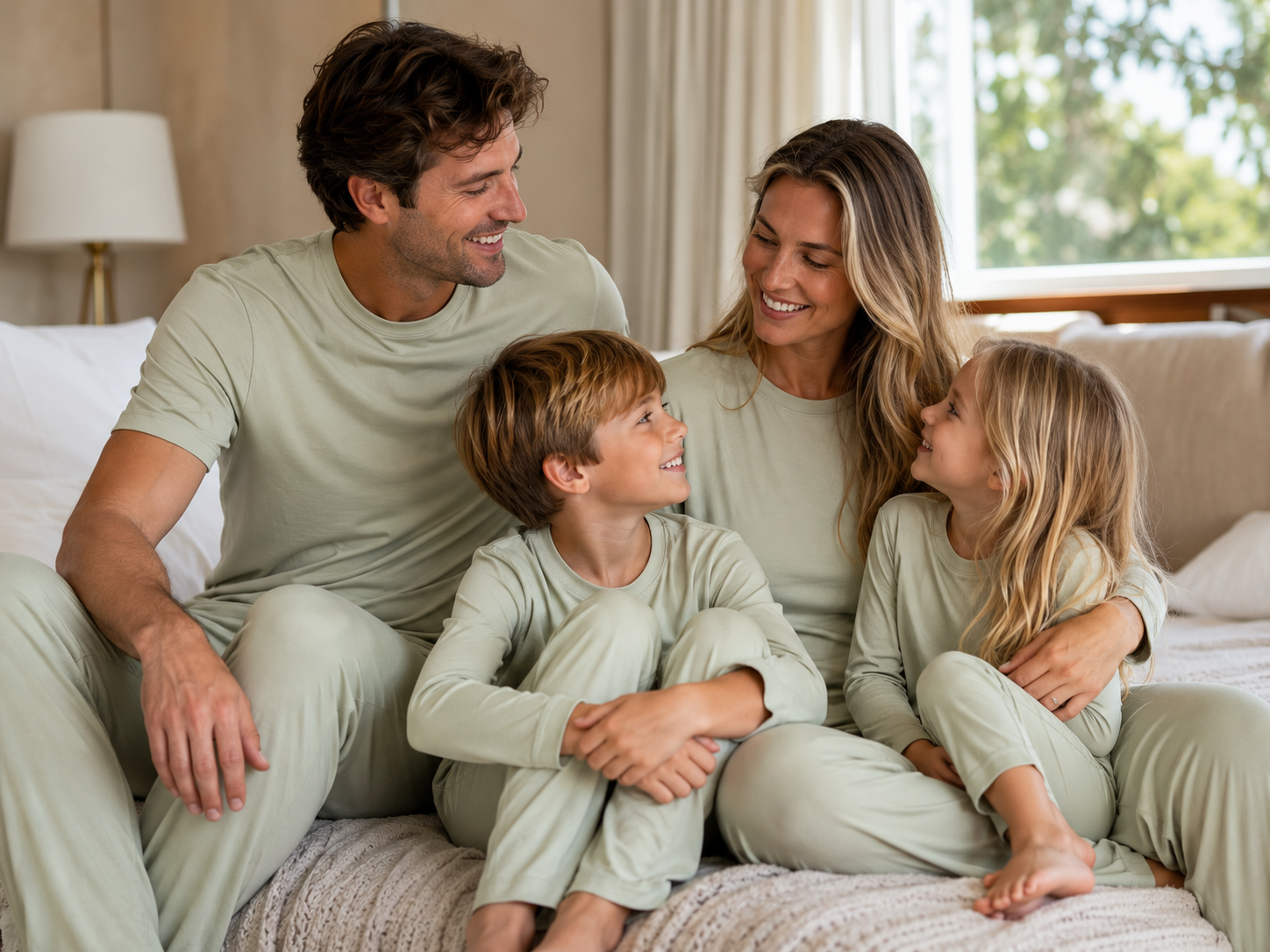 Family wearing sustainable bamboo pajamas at home