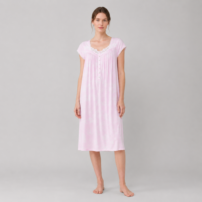 Custom Modal Nightgown | Lace Trim Short Sleeve Floral Sleep Dress