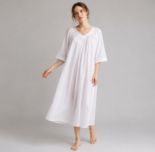 Custom Cotton Nightgown | 100% Woven Cotton V-Neck Embroidered Sleepwear