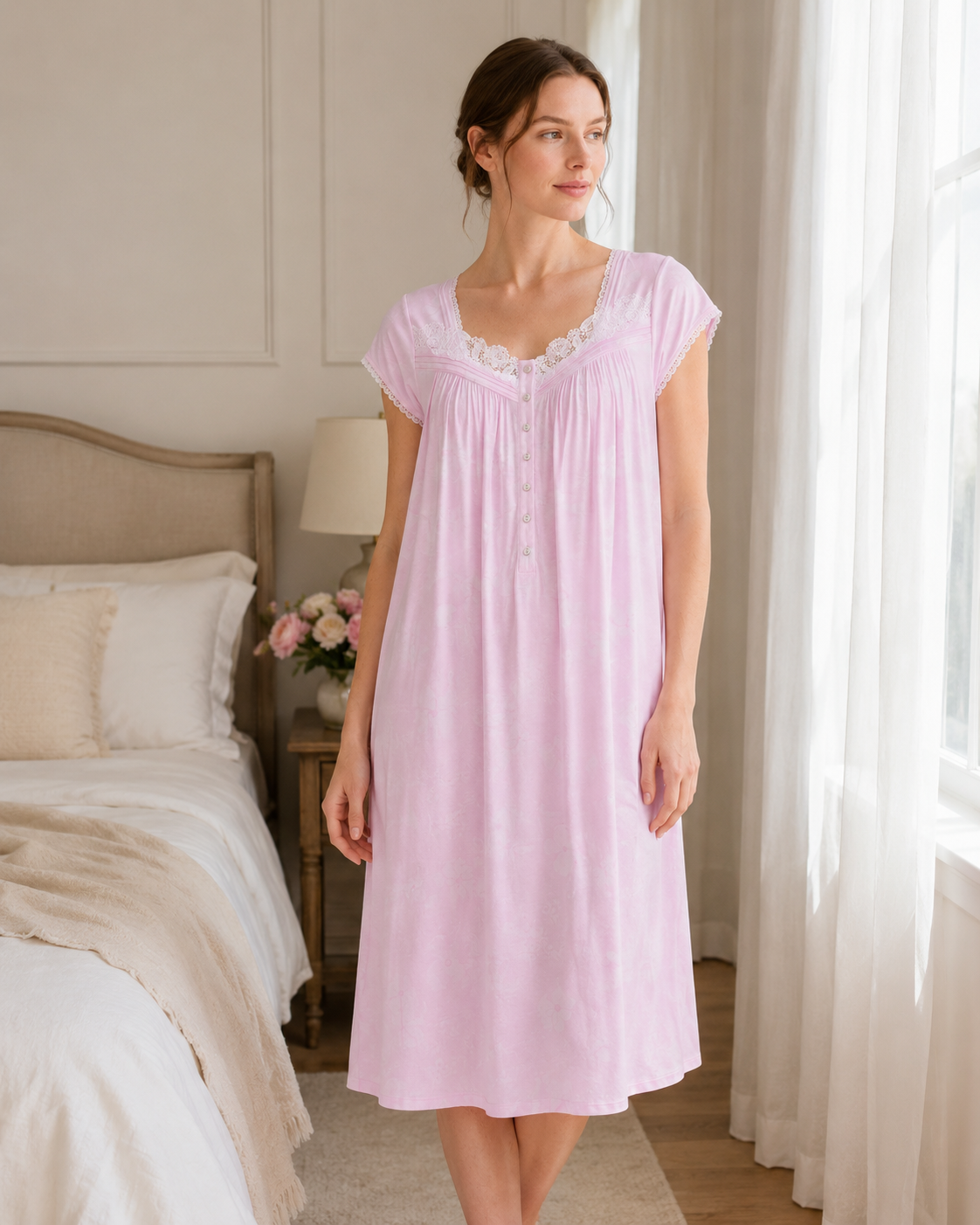 Lace-trimmed neckline and button detail on modal nightgown