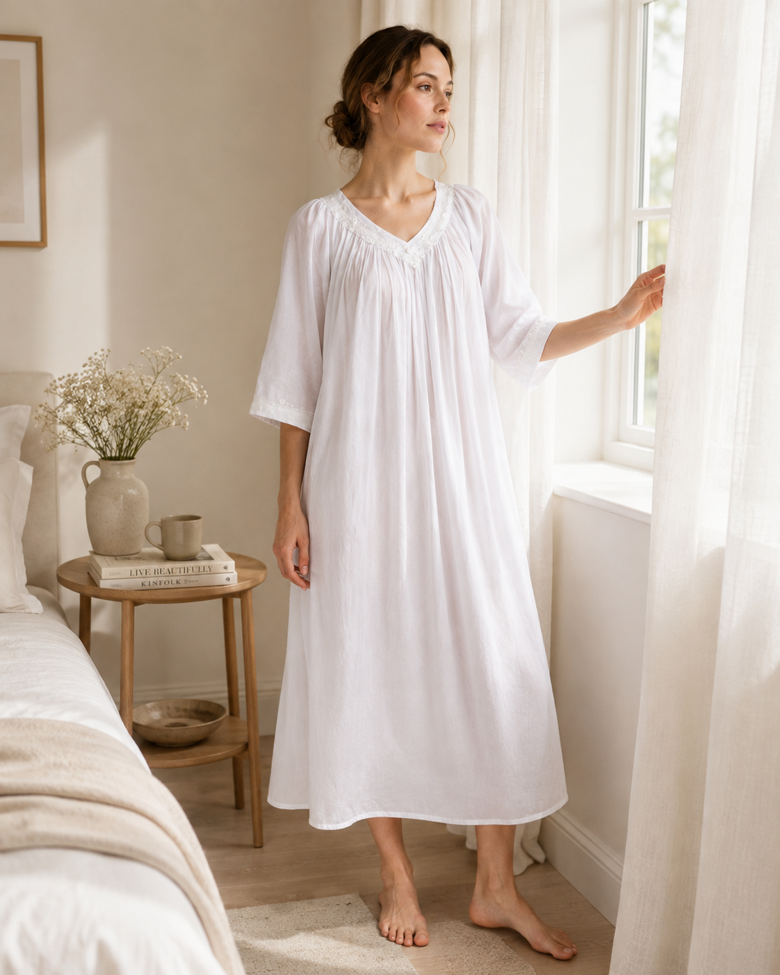 Embroidered V-neck detail on woven cotton nightgown