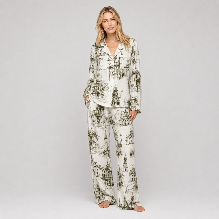 Bamboo Pajama Set Manufacturer | Architectural Print Long Sleeve Sleepwear