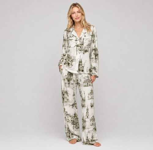 Bamboo Pajama Set Manufacturer | Architectural Print Long Sleeve Sleepwear