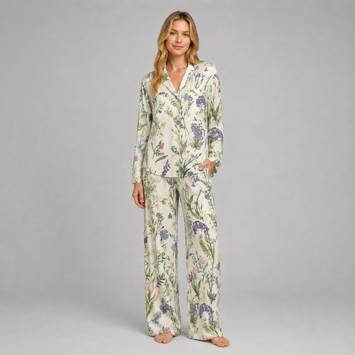 Printed Viscose Pajama Set Manufacturer | Botanical Long Sleeve Sleepwear