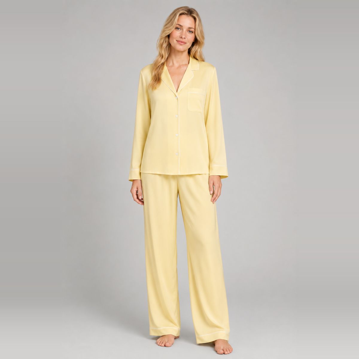 Soft yellow woven lyocell pajama set with a notch collar and white piping