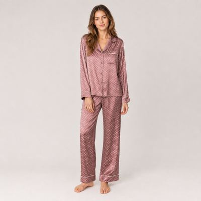 Printed Satin Pajama Set Manufacturer | Contrast Piping Women's Sleepwear