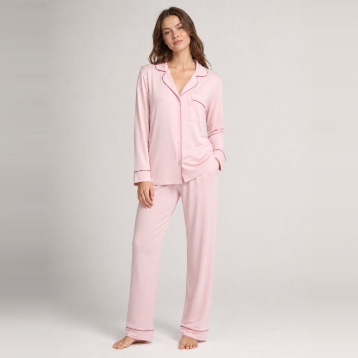 Modal Pajama Set Supplier | Long Sleeve Women's Contrast Piping Sleepwear