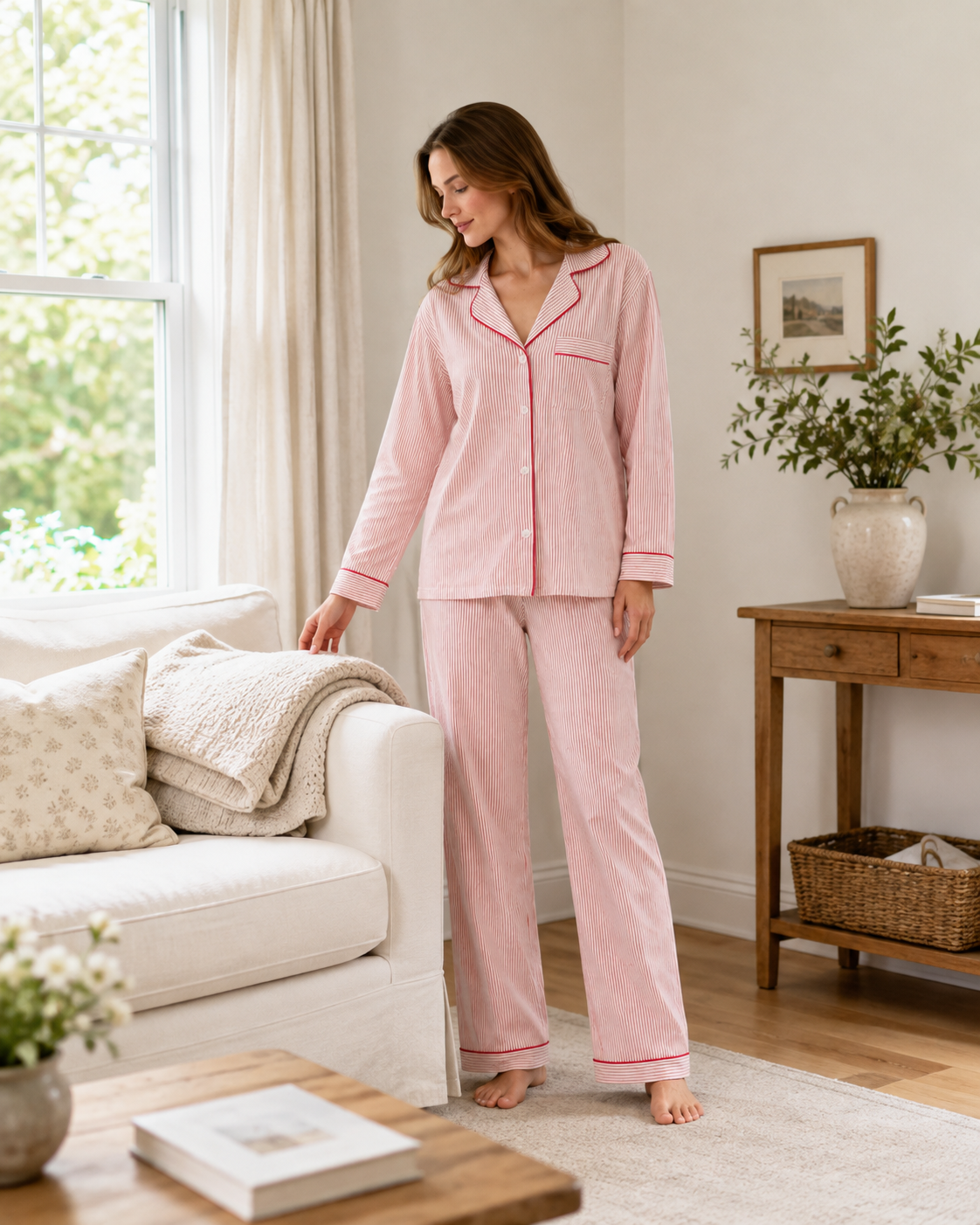 Pink and white striped cotton pajama set with contrast piping and classic shirt styling