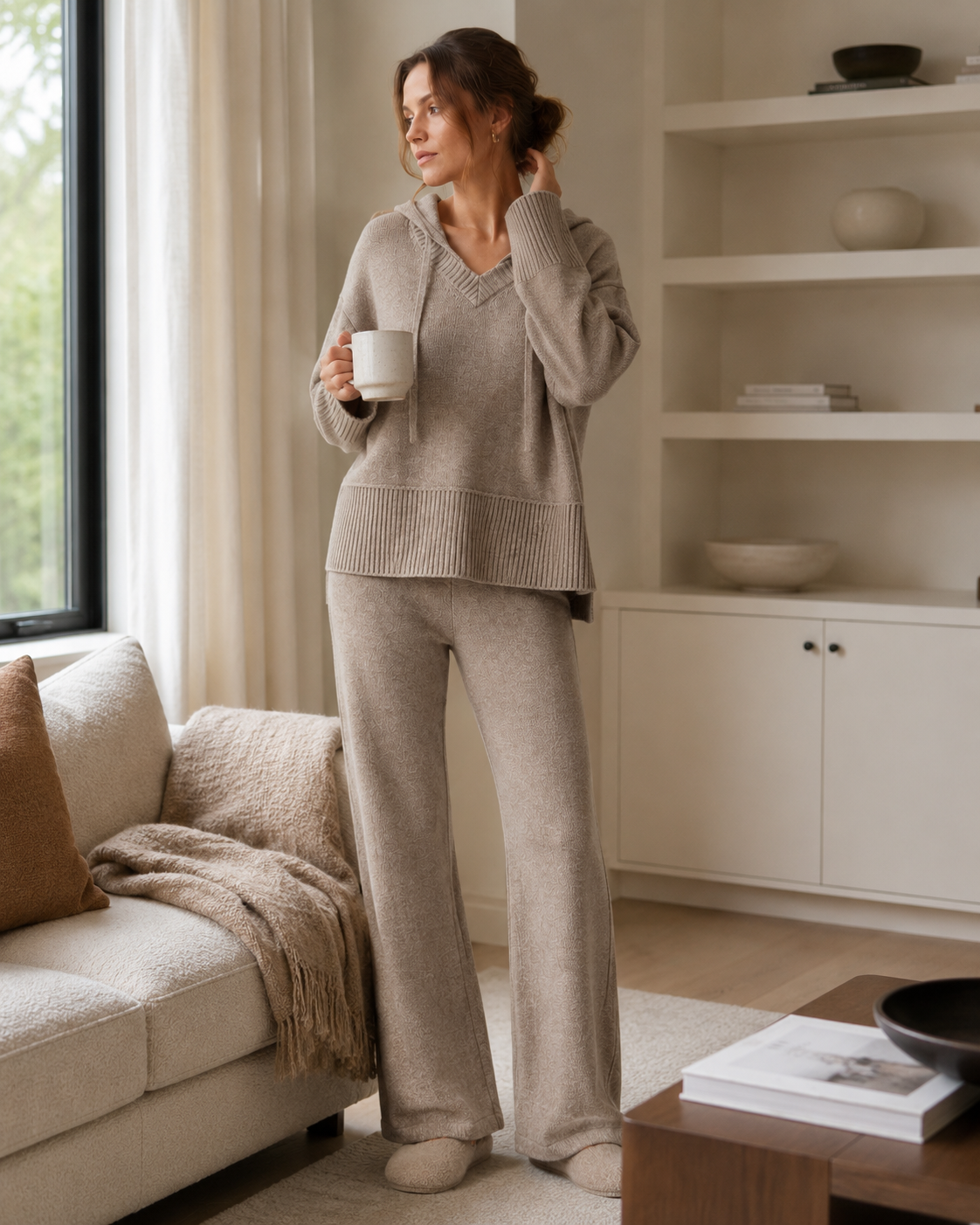 Close-up of cotton-poly knit loungewear showing ribbed V-neck, drawstring hood, wide cuffs and textured fabric