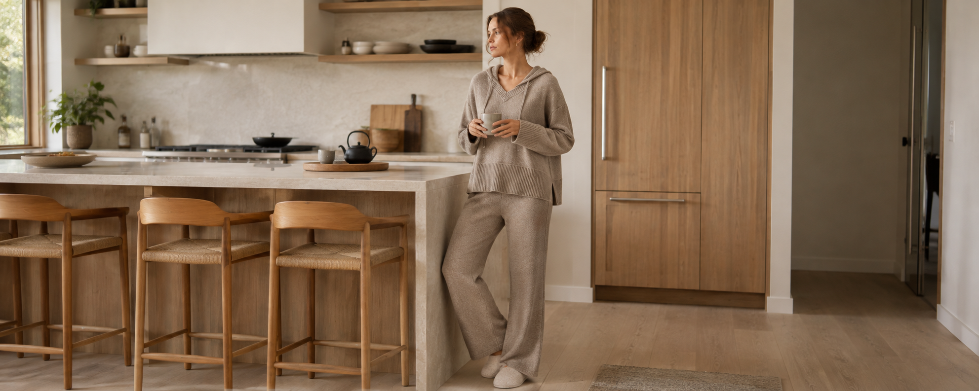 Women's taupe hooded cotton blend lounge set with relaxed knit top and wide-leg pants for private label homewear
