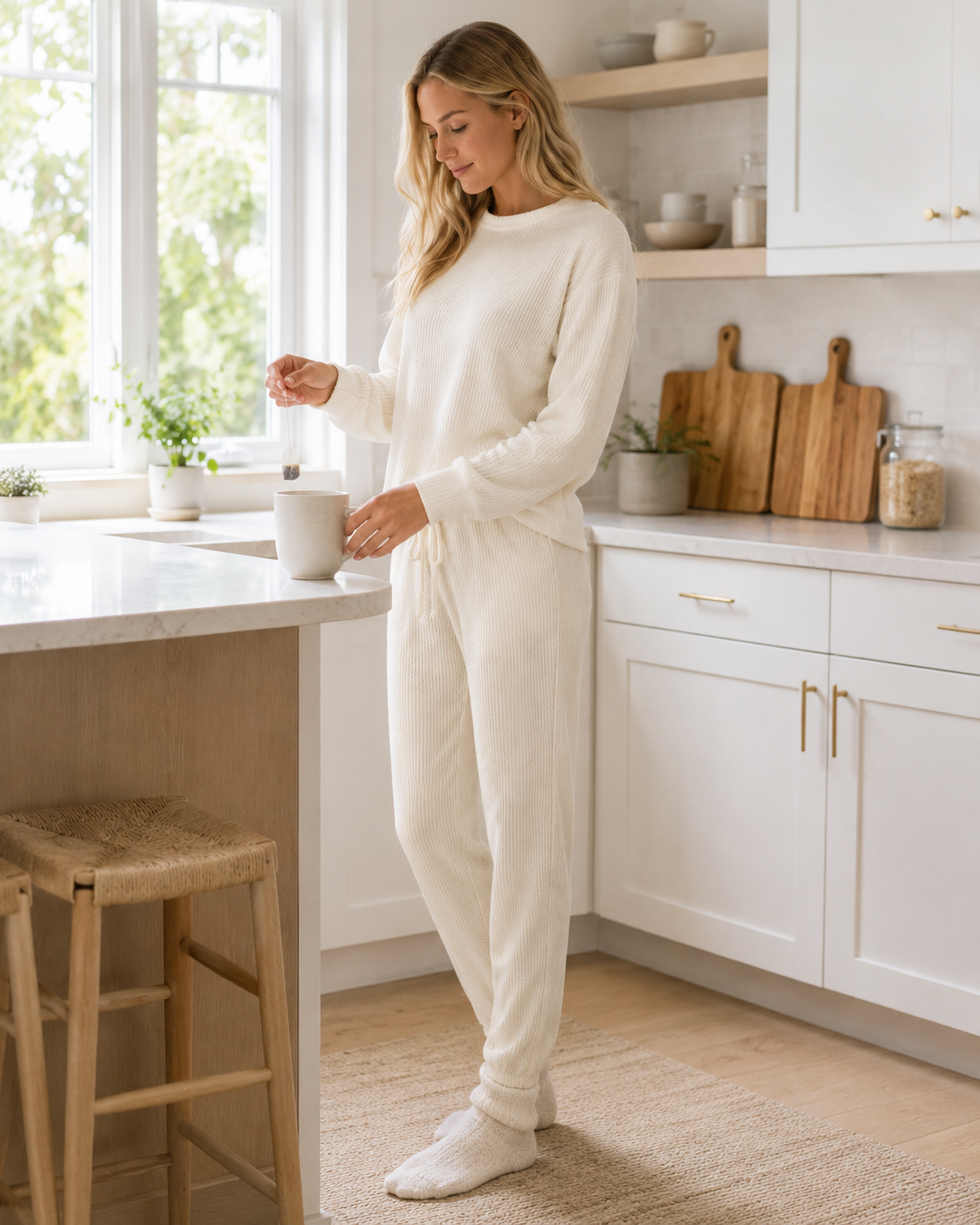 Detailed view of cotton waffle loungewear showing textured knit surface, ribbed cuffs and drawstring waistband