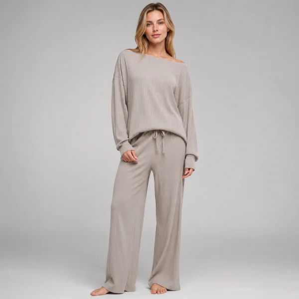 Taupe ribbed modal boat neck top and wide-leg pants from the women's knit loungewear range