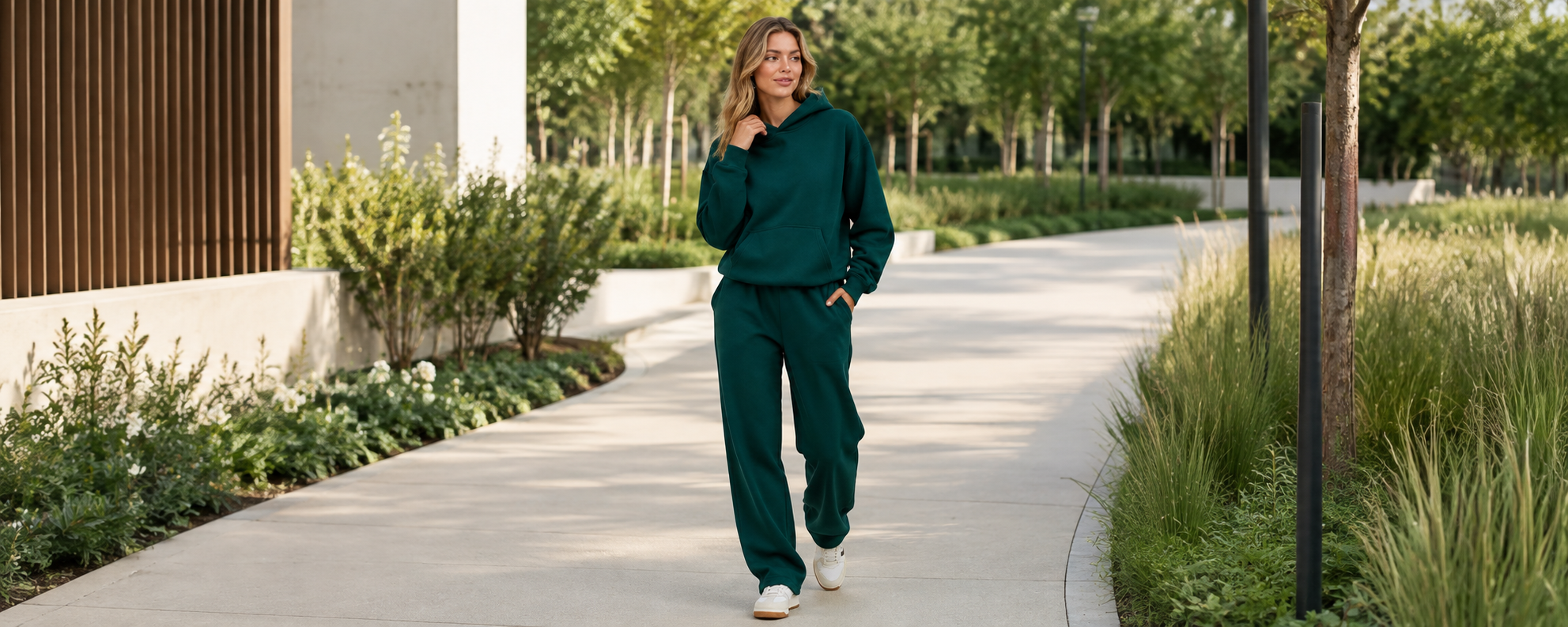 Women's dark green French terry hoodie sweatpants set with kangaroo pocket and relaxed pants for private label loungewear