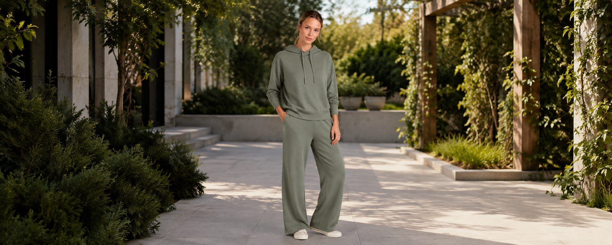 Women's sage green hoodie lounge set with drawstring hood and relaxed wide-leg pants for private label loungewear