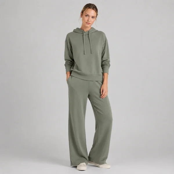 Sage green French terry women's hoodie lounge set with wide-leg pants for private label ranges